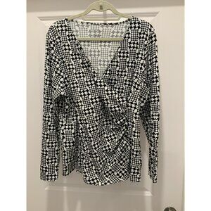 Talbots Top XL Women's Black White Long Sleeve Cross Over Rouching